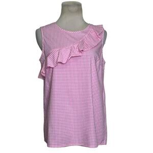 Jones New York pink white gingham sleeveless ruffled blouse size small